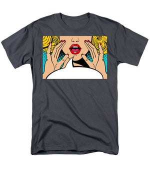 Sexy surprised blonde pop art woman with open mouth and rising hands screaming announcement. Vector background in comic retro pop art style. Party invitation. - Men's T-Shirt  (Regular Fit)