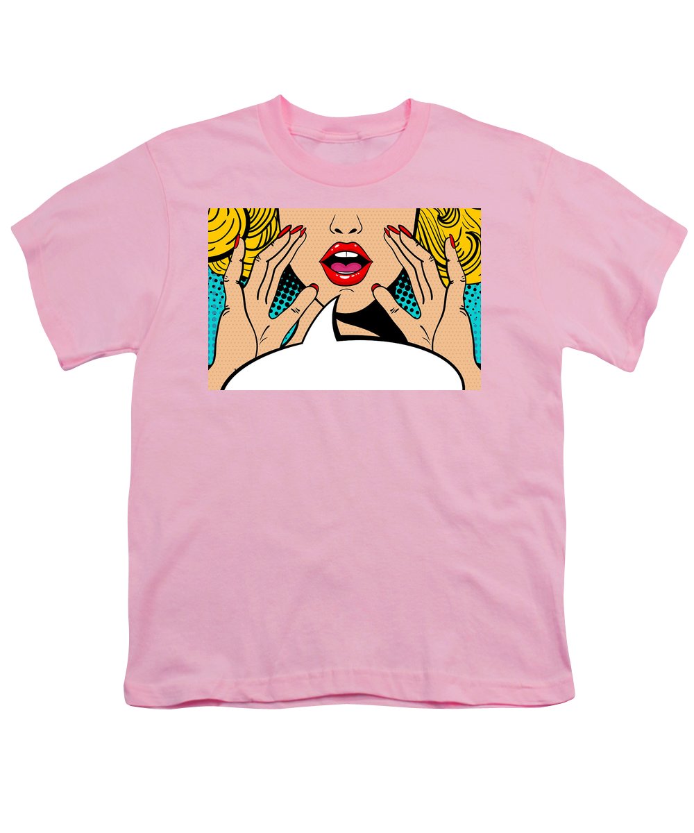 Sexy surprised blonde pop art woman with open mouth and rising hands screaming announcement. Vector background in comic retro pop art style. Party invitation. - Youth T-Shirt
