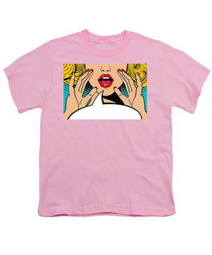Sexy surprised blonde pop art woman with open mouth and rising hands screaming announcement. Vector background in comic retro pop art style. Party invitation. - Youth T-Shirt