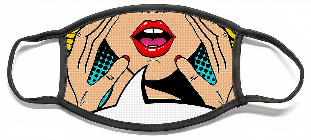 Sexy surprised blonde pop art woman with open mouth and rising hands screaming announcement. Vector background in comic retro pop art style. Party invitation. - Face Mask