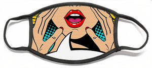 Sexy surprised blonde pop art woman with open mouth and rising hands screaming announcement. Vector background in comic retro pop art style. Party invitation. - Face Mask