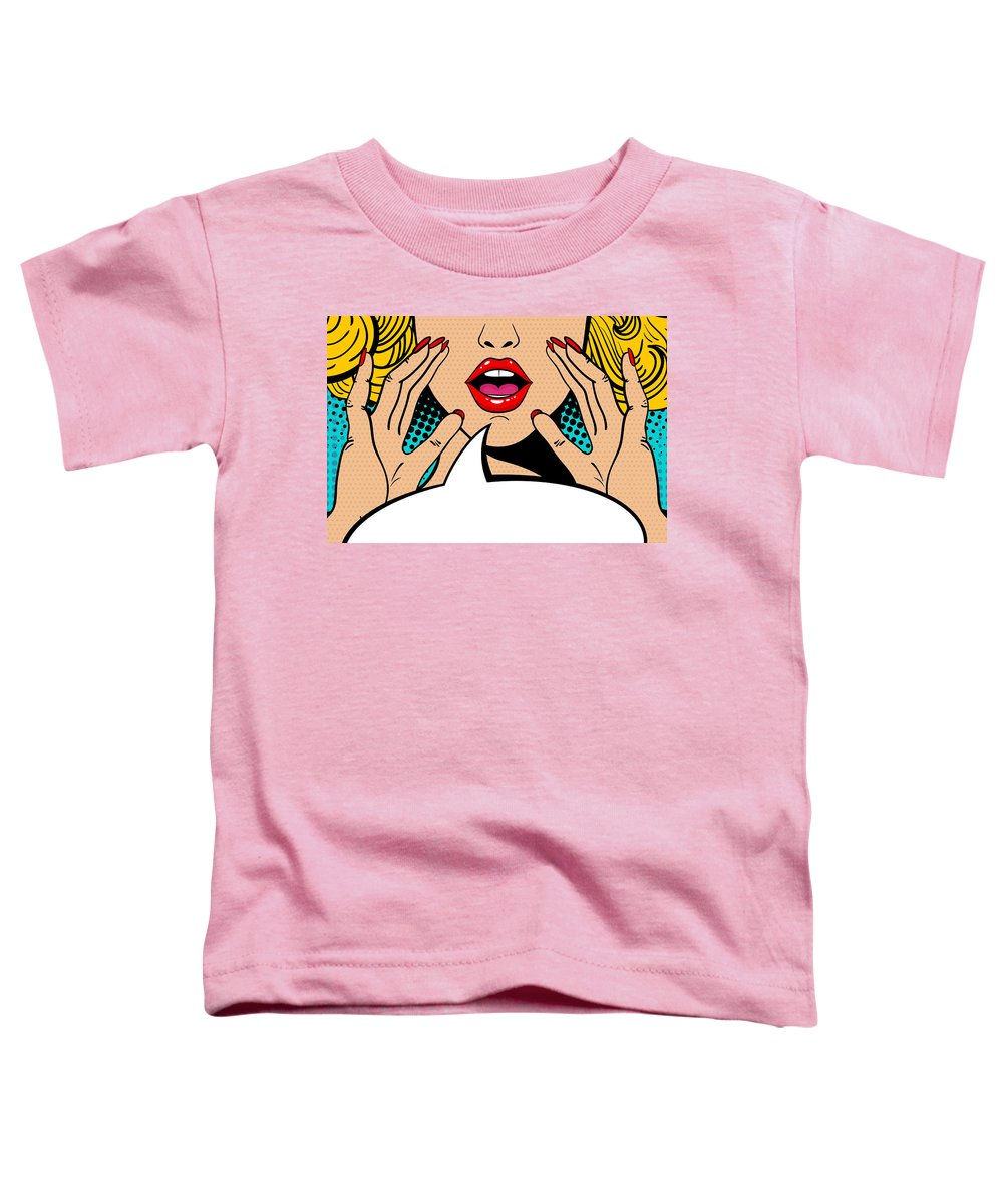Sexy surprised blonde pop art woman with open mouth and rising hands screaming announcement. Vector background in comic retro pop art style. Party invitation. - Toddler T-Shirt