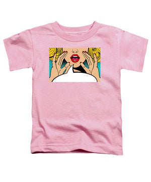 Sexy surprised blonde pop art woman with open mouth and rising hands screaming announcement. Vector background in comic retro pop art style. Party invitation. - Toddler T-Shirt
