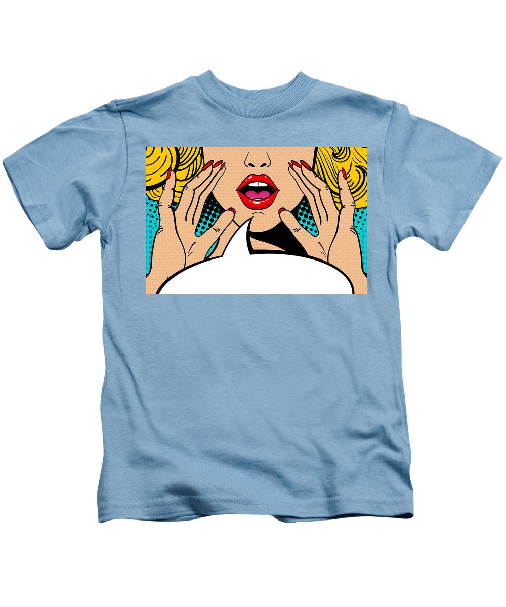 Sexy surprised blonde pop art woman with open mouth and rising hands screaming announcement. Vector background in comic retro pop art style. Party invitation. - Kids T-Shirt