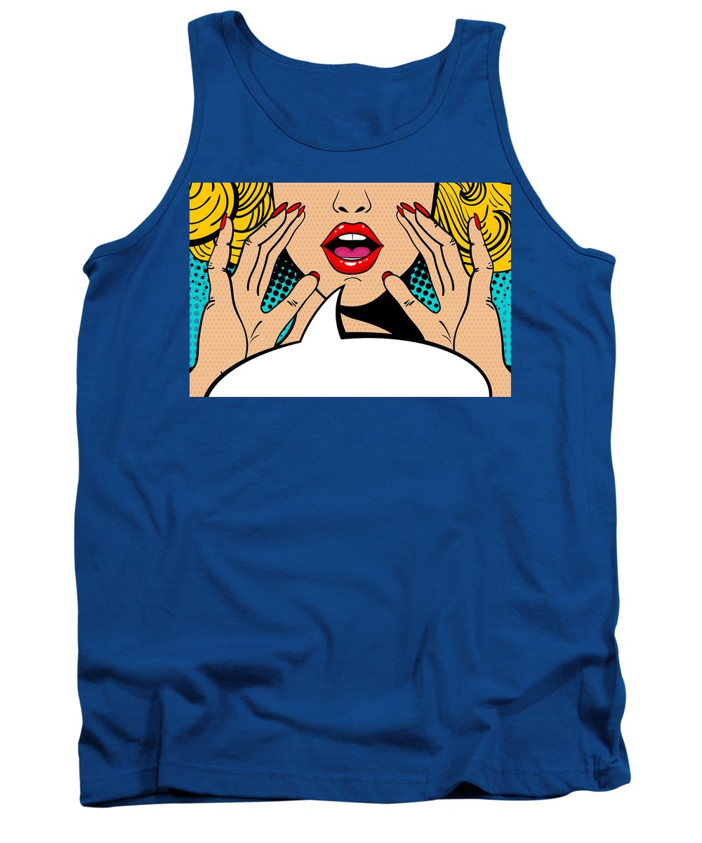 Sexy surprised blonde pop art woman with open mouth and rising hands screaming announcement. Vector background in comic retro pop art style. Party invitation. - Tank Top