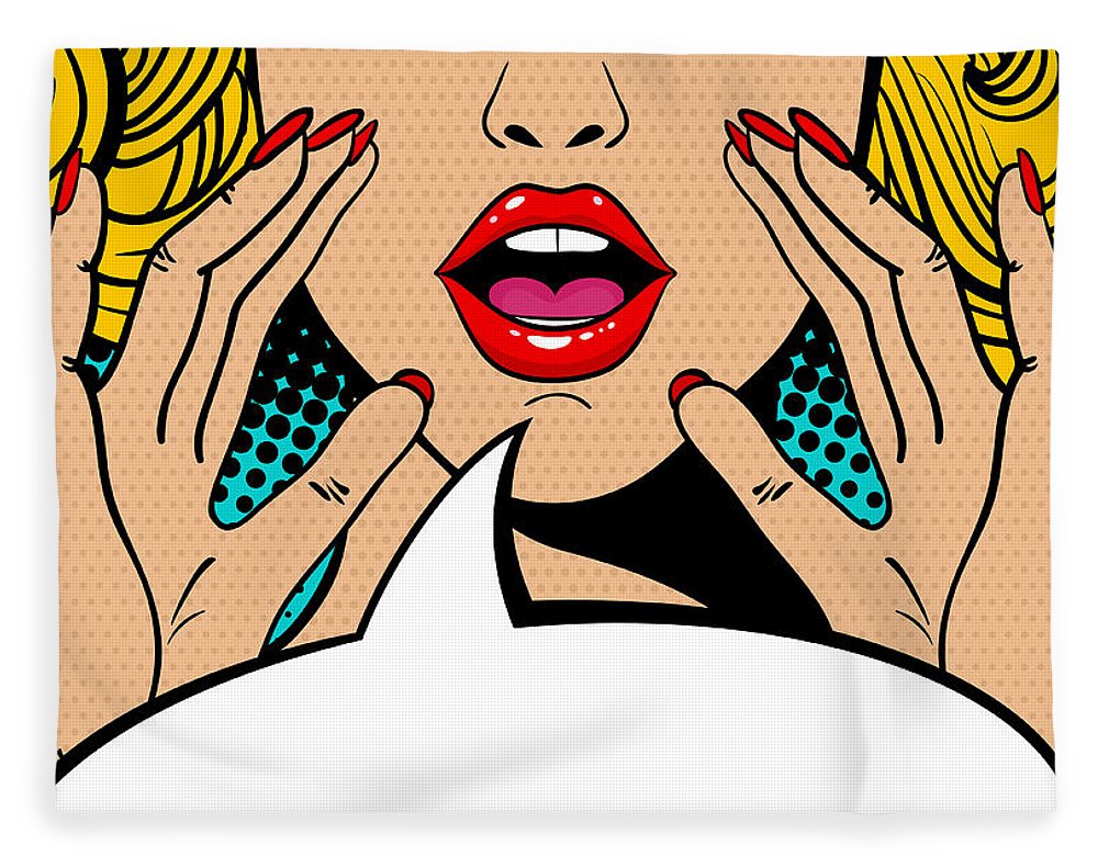 Sexy surprised blonde pop art woman with open mouth and rising hands screaming announcement. Vector background in comic retro pop art style. Party invitation. - Blanket