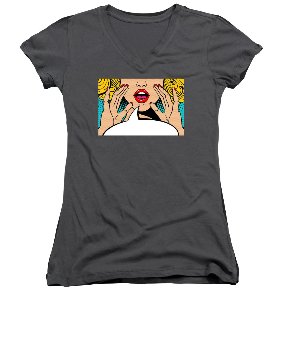 Sexy surprised blonde pop art woman with open mouth and rising hands screaming announcement. Vector background in comic retro pop art style. Party invitation. - Women's V-Neck