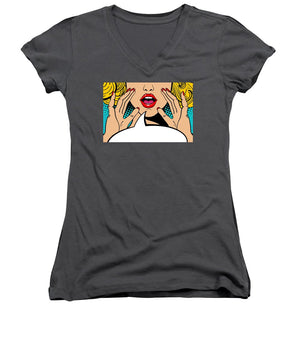 Sexy surprised blonde pop art woman with open mouth and rising hands screaming announcement. Vector background in comic retro pop art style. Party invitation. - Women's V-Neck