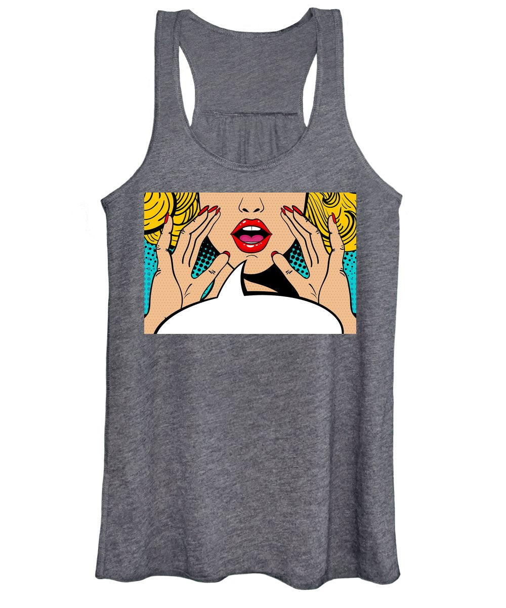 Sexy surprised blonde pop art woman with open mouth and rising hands screaming announcement. Vector background in comic retro pop art style. Party invitation. - Women's Tank Top