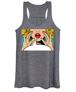 Sexy surprised blonde pop art woman with open mouth and rising hands screaming announcement. Vector background in comic retro pop art style. Party invitation. - Women's Tank Top