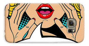 Sexy surprised blonde pop art woman with open mouth and rising hands screaming announcement. Vector background in comic retro pop art style. Party invitation. - Phone Case