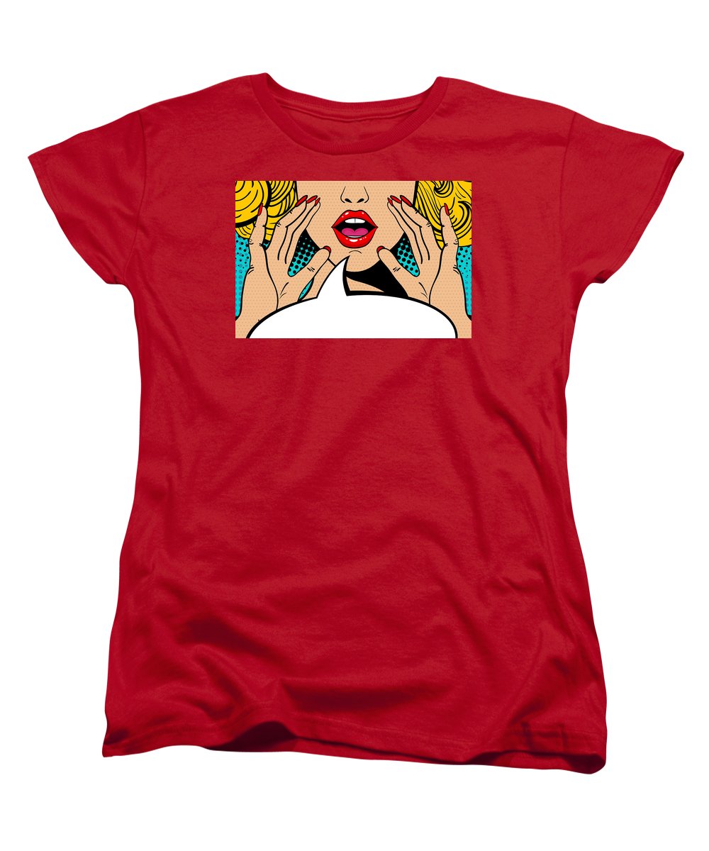 Sexy surprised blonde pop art woman with open mouth and rising hands screaming announcement. Vector background in comic retro pop art style. Party invitation. - Women's T-Shirt (Standard Fit)
