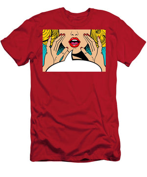 Sexy surprised blonde pop art woman with open mouth and rising hands screaming announcement. Vector background in comic retro pop art style. Party invitation. - T-Shirt