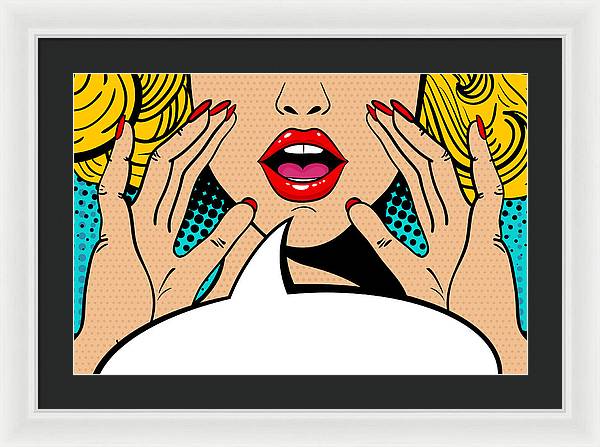 Sexy surprised blonde pop art woman with open mouth and rising hands screaming announcement. Vector background in comic retro pop art style. Party invitation. - Framed Print