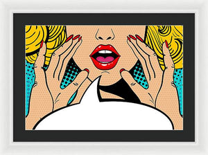Sexy surprised blonde pop art woman with open mouth and rising hands screaming announcement. Vector background in comic retro pop art style. Party invitation. - Framed Print