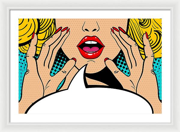 Sexy surprised blonde pop art woman with open mouth and rising hands screaming announcement. Vector background in comic retro pop art style. Party invitation. - Framed Print