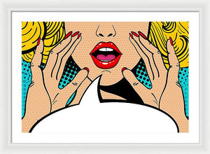 Sexy surprised blonde pop art woman with open mouth and rising hands screaming announcement. Vector background in comic retro pop art style. Party invitation. - Framed Print