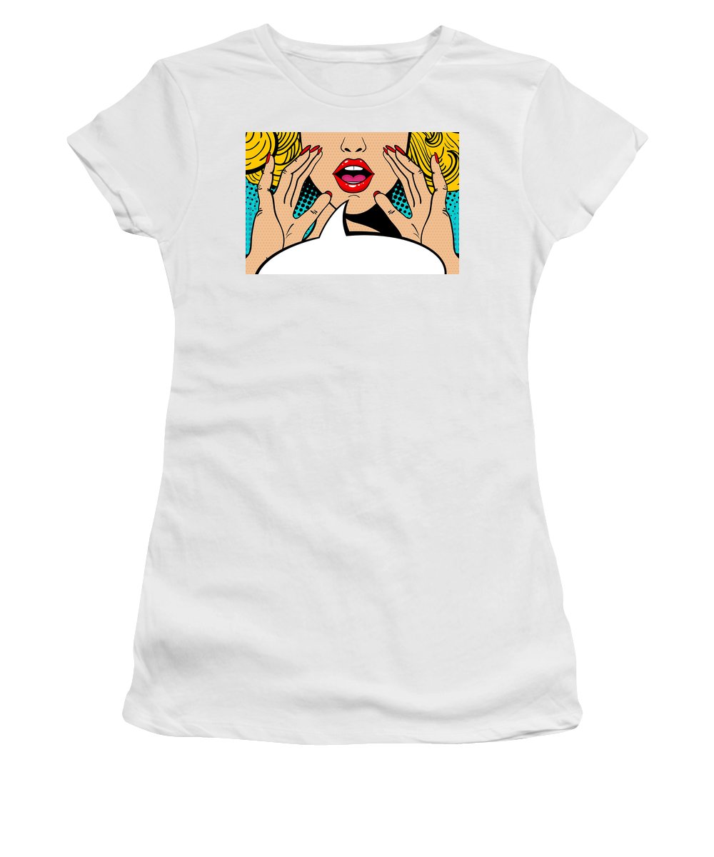 Sexy surprised blonde pop art woman with open mouth and rising hands screaming announcement. Vector background in comic retro pop art style. Party invitation. - Women's T-Shirt
