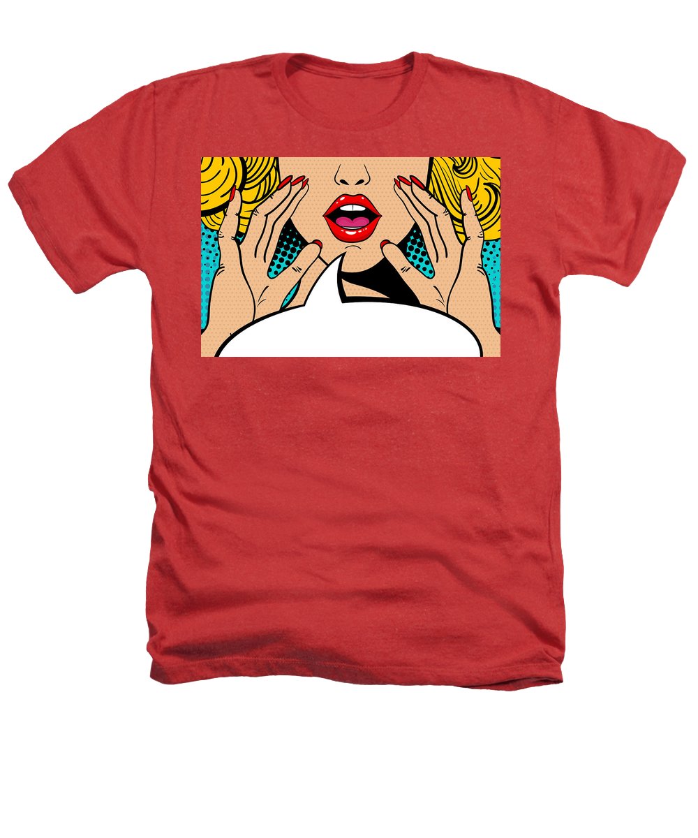 Sexy surprised blonde pop art woman with open mouth and rising hands screaming announcement. Vector background in comic retro pop art style. Party invitation. - Heathers T-Shirt