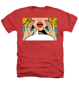 Sexy surprised blonde pop art woman with open mouth and rising hands screaming announcement. Vector background in comic retro pop art style. Party invitation. - Heathers T-Shirt