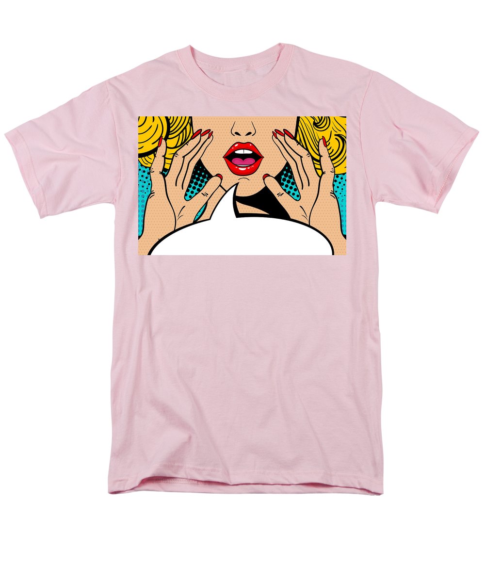 Sexy surprised blonde pop art woman with open mouth and rising hands screaming announcement. Vector background in comic retro pop art style. Party invitation. - Men's T-Shirt  (Regular Fit)