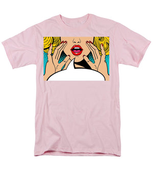 Sexy surprised blonde pop art woman with open mouth and rising hands screaming announcement. Vector background in comic retro pop art style. Party invitation. - Men's T-Shirt  (Regular Fit)