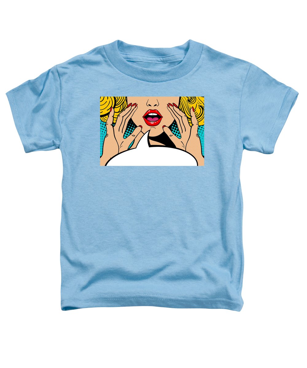 Sexy surprised blonde pop art woman with open mouth and rising hands screaming announcement. Vector background in comic retro pop art style. Party invitation. - Toddler T-Shirt