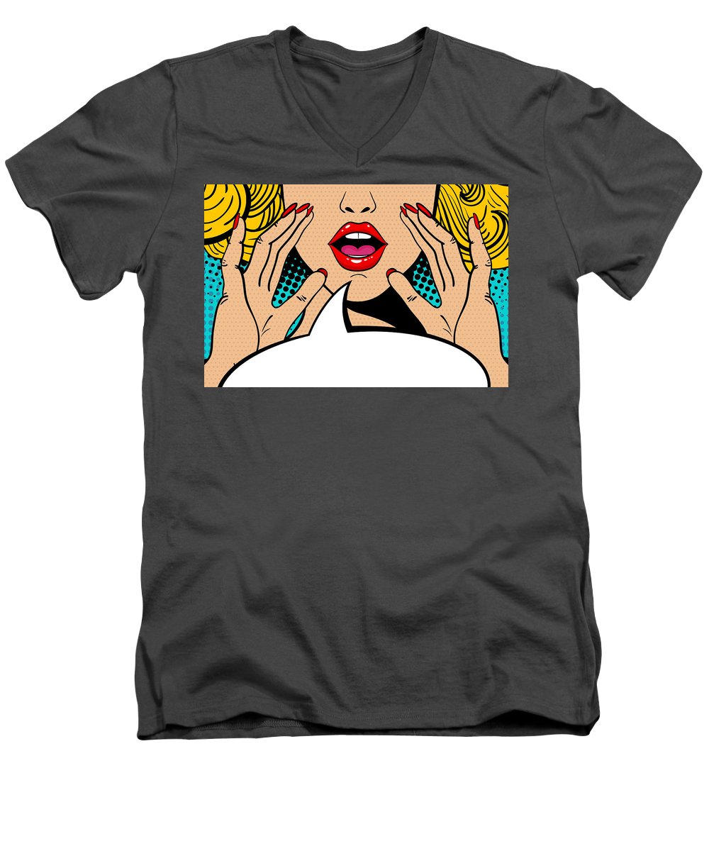 Sexy surprised blonde pop art woman with open mouth and rising hands screaming announcement. Vector background in comic retro pop art style. Party invitation. - Men's V-Neck T-Shirt