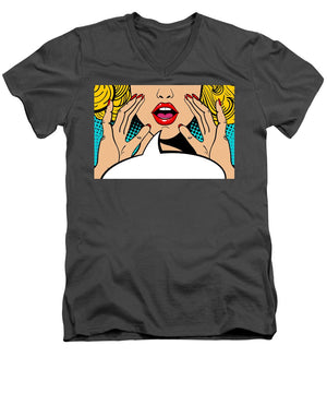 Sexy surprised blonde pop art woman with open mouth and rising hands screaming announcement. Vector background in comic retro pop art style. Party invitation. - Men's V-Neck T-Shirt