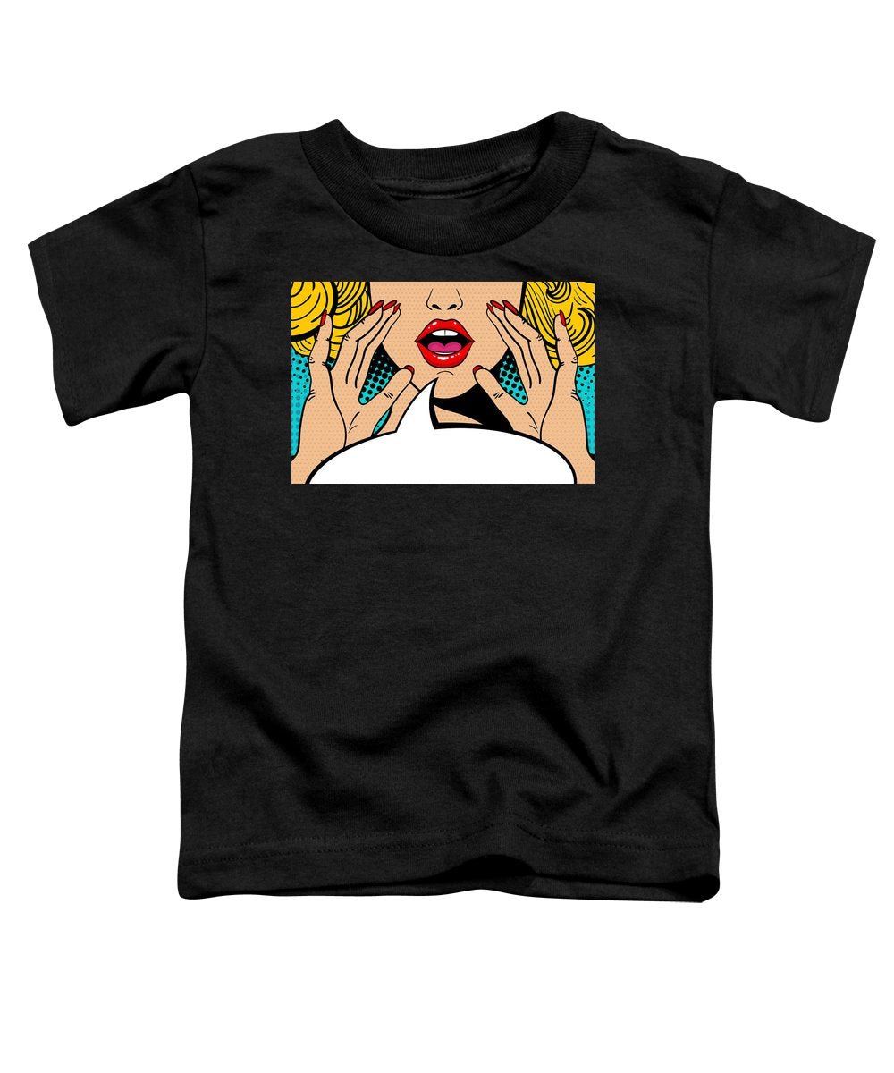 Sexy surprised blonde pop art woman with open mouth and rising hands screaming announcement. Vector background in comic retro pop art style. Party invitation. - Toddler T-Shirt