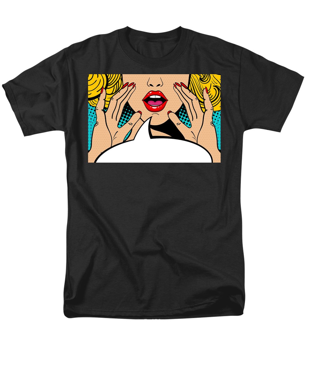 Sexy surprised blonde pop art woman with open mouth and rising hands screaming announcement. Vector background in comic retro pop art style. Party invitation. - Men's T-Shirt  (Regular Fit)