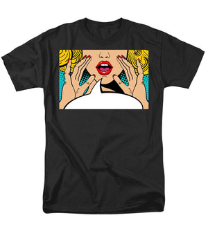 Sexy surprised blonde pop art woman with open mouth and rising hands screaming announcement. Vector background in comic retro pop art style. Party invitation. - Men's T-Shirt  (Regular Fit)