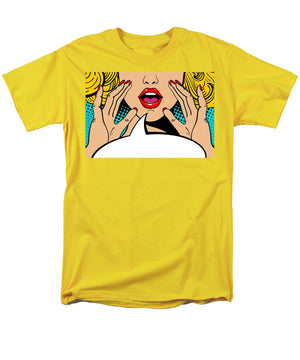 Sexy surprised blonde pop art woman with open mouth and rising hands screaming announcement. Vector background in comic retro pop art style. Party invitation. - Men's T-Shirt  (Regular Fit)