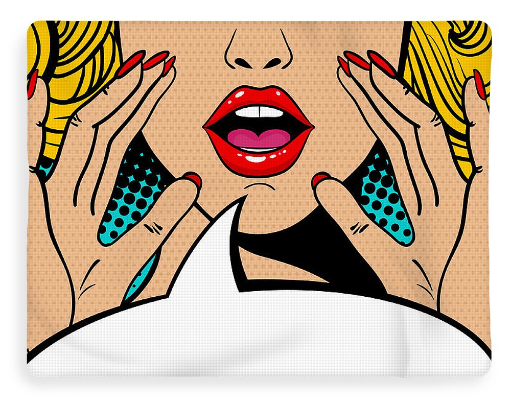 Sexy surprised blonde pop art woman with open mouth and rising hands screaming announcement. Vector background in comic retro pop art style. Party invitation. - Blanket