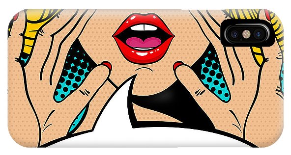 Sexy surprised blonde pop art woman with open mouth and rising hands screaming announcement. Vector background in comic retro pop art style. Party invitation. - Phone Case
