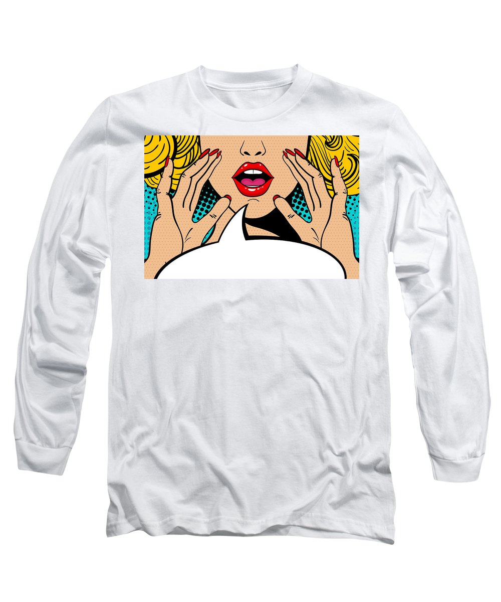 Sexy surprised blonde pop art woman with open mouth and rising hands screaming announcement. Vector background in comic retro pop art style. Party invitation. - Long Sleeve T-Shirt