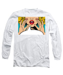 Sexy surprised blonde pop art woman with open mouth and rising hands screaming announcement. Vector background in comic retro pop art style. Party invitation. - Long Sleeve T-Shirt