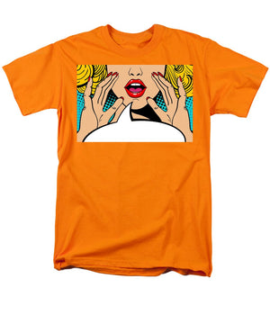 Sexy surprised blonde pop art woman with open mouth and rising hands screaming announcement. Vector background in comic retro pop art style. Party invitation. - Men's T-Shirt  (Regular Fit)