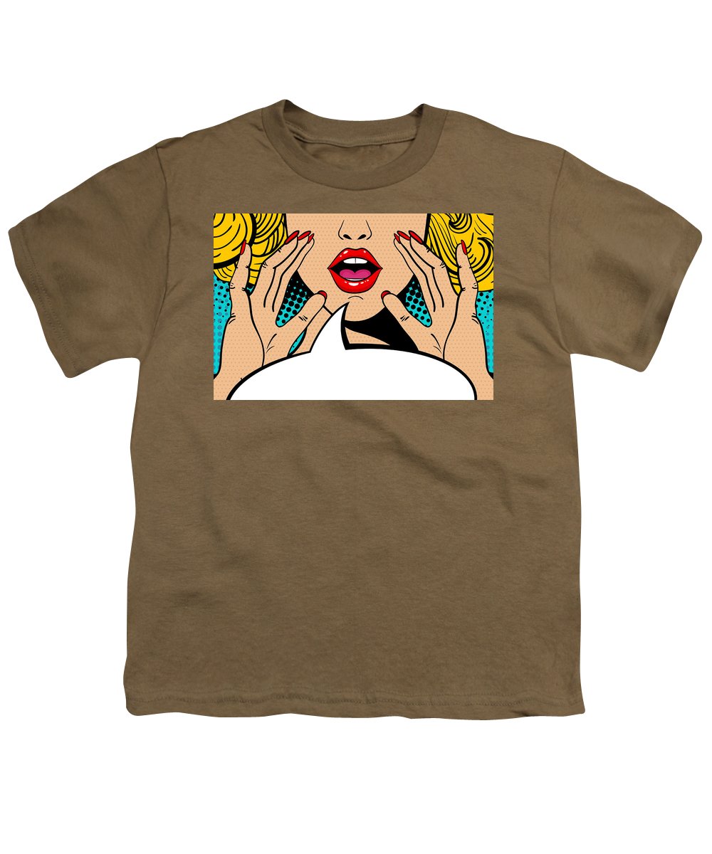 Sexy surprised blonde pop art woman with open mouth and rising hands screaming announcement. Vector background in comic retro pop art style. Party invitation. - Youth T-Shirt