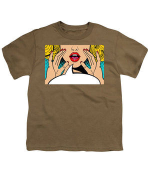 Sexy surprised blonde pop art woman with open mouth and rising hands screaming announcement. Vector background in comic retro pop art style. Party invitation. - Youth T-Shirt