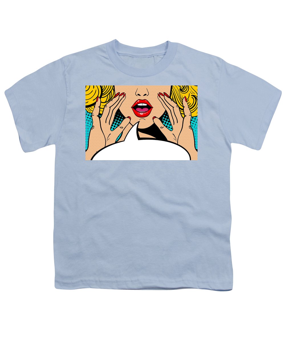 Sexy surprised blonde pop art woman with open mouth and rising hands screaming announcement. Vector background in comic retro pop art style. Party invitation. - Youth T-Shirt