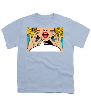 Sexy surprised blonde pop art woman with open mouth and rising hands screaming announcement. Vector background in comic retro pop art style. Party invitation. - Youth T-Shirt