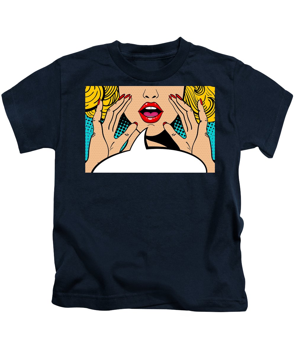 Sexy surprised blonde pop art woman with open mouth and rising hands screaming announcement. Vector background in comic retro pop art style. Party invitation. - Kids T-Shirt