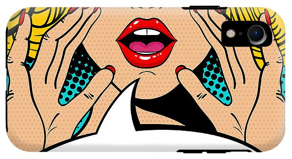 Sexy surprised blonde pop art woman with open mouth and rising hands screaming announcement. Vector background in comic retro pop art style. Party invitation. - Phone Case