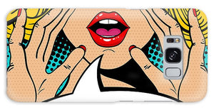 Sexy surprised blonde pop art woman with open mouth and rising hands screaming announcement. Vector background in comic retro pop art style. Party invitation. - Phone Case