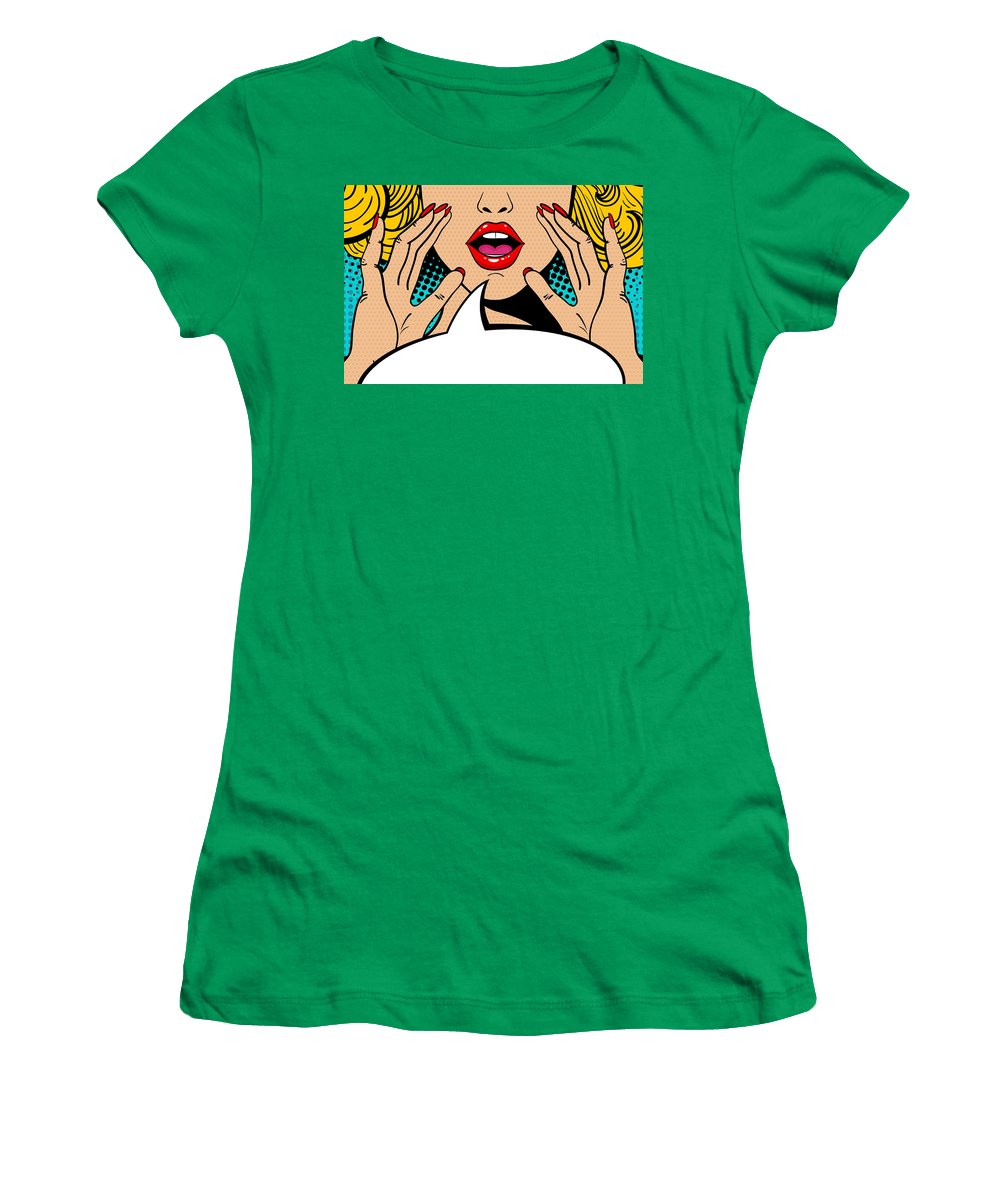 Sexy surprised blonde pop art woman with open mouth and rising hands screaming announcement. Vector background in comic retro pop art style. Party invitation. - Women's T-Shirt