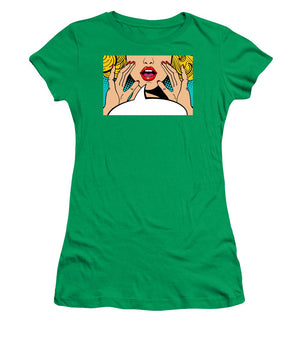 Sexy surprised blonde pop art woman with open mouth and rising hands screaming announcement. Vector background in comic retro pop art style. Party invitation. - Women's T-Shirt