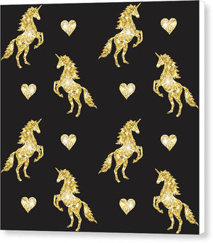 Vector seamless pattern of golden glitter unicorn silhouette isolated on black background - Canvas Print