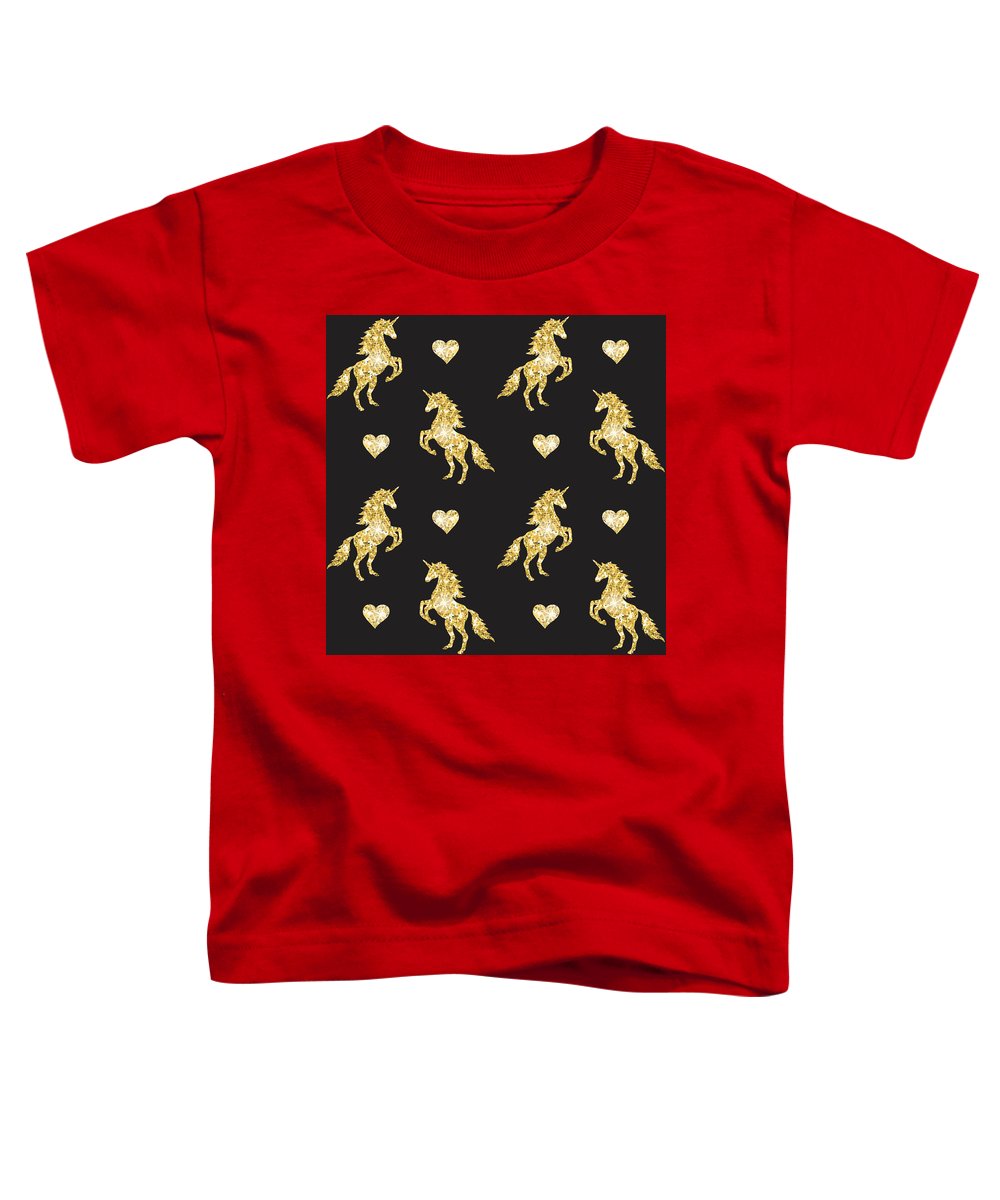 Vector seamless pattern of golden glitter unicorn silhouette isolated on black background - Toddler T-Shirt