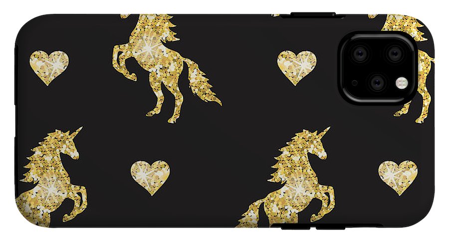 Vector seamless pattern of golden glitter unicorn silhouette isolated on black background - Phone Case